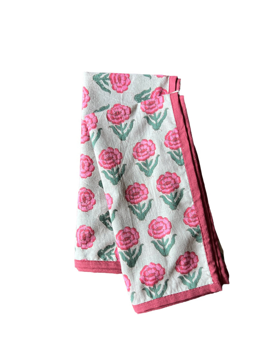 SET OF 2 BLOCK PRINT COTTON NAPKINS WITH PINK MAROON BIAS