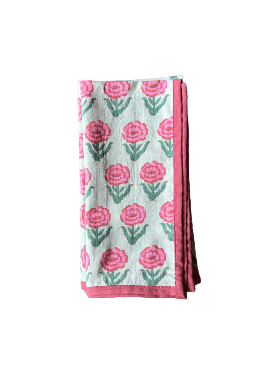 SET OF 2 BLOCK PRINT COTTON NAPKINS WITH PINK MAROON BIAS