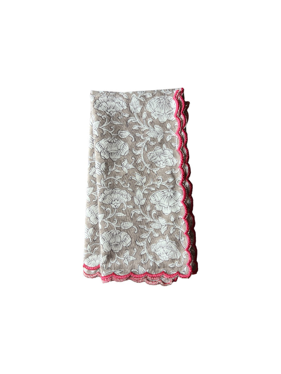 SET OF 2 BLOCK PRINT COTTON NAPKINS WITH GRAY PINK WAVE FESTON