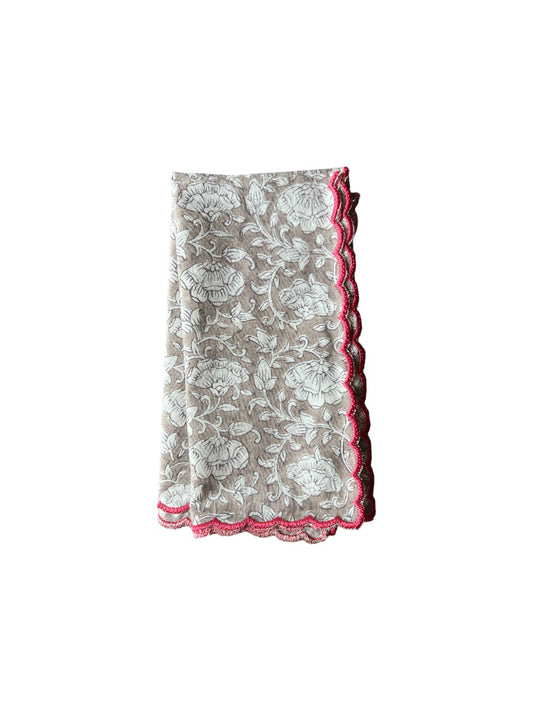 SET OF 2 BLOCK PRINT COTTON NAPKINS WITH GRAY PINK WAVE FESTON