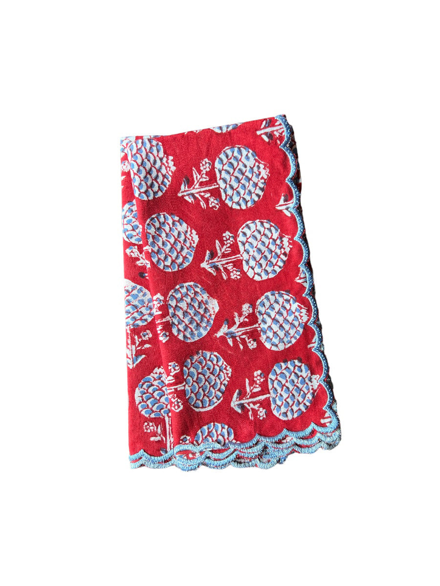 SET OF 2 BLOCK PRINT COTTON NAPKINS WITH RED BLUE WAVE FESTON