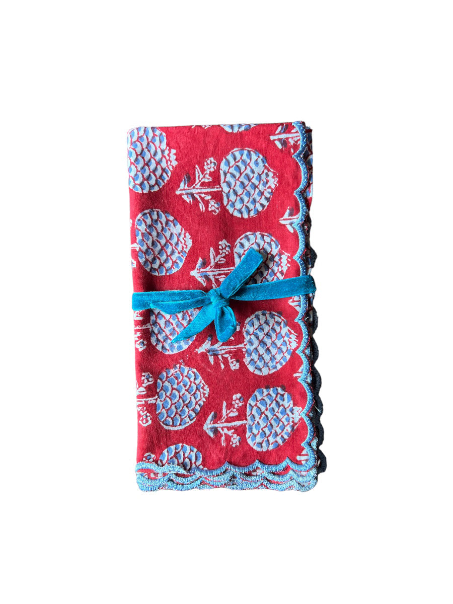 SET OF 2 BLOCK PRINT COTTON NAPKINS WITH RED BLUE WAVE FESTON