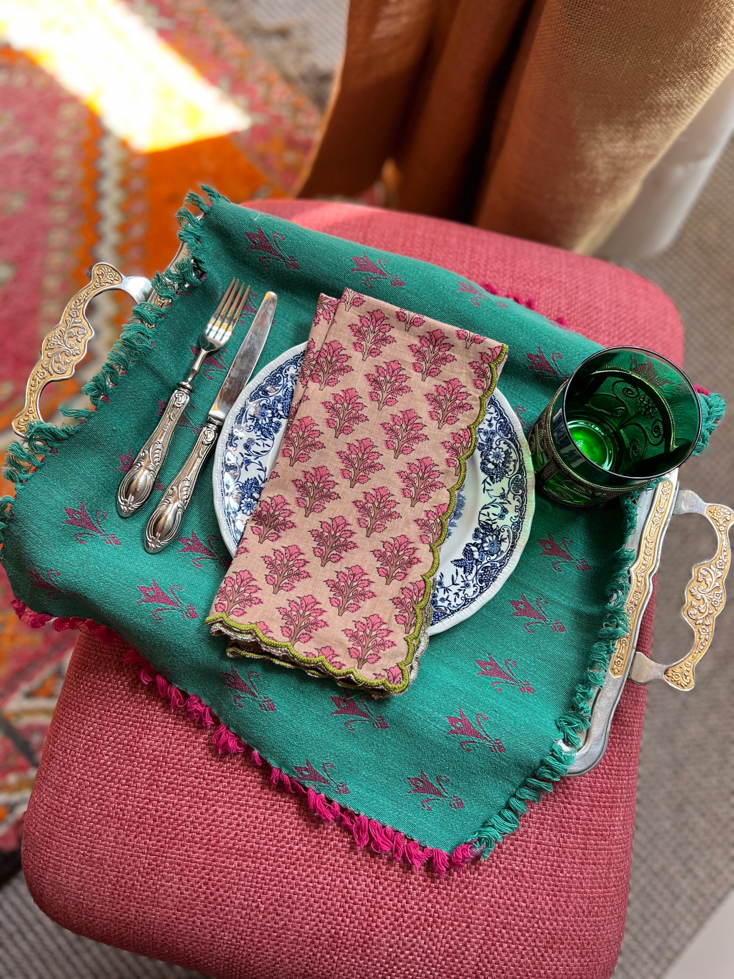 SET OF 2 BLOCK PRINT COTTON NAPKINS WITH SALMON WAVE FESTON