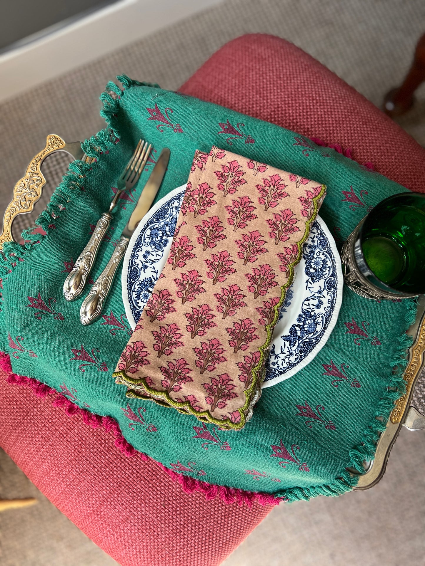 SET OF 2 BLOCK PRINT COTTON NAPKINS WITH SALMON WAVE FESTON