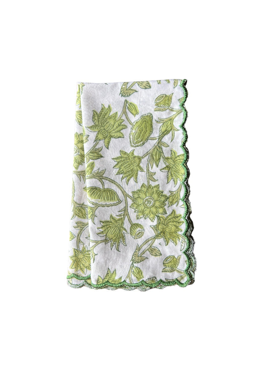 SET OF 2 BLOCK PRINT COTTON NAPKINS WITH GREEN WHITE WAVE FESTON