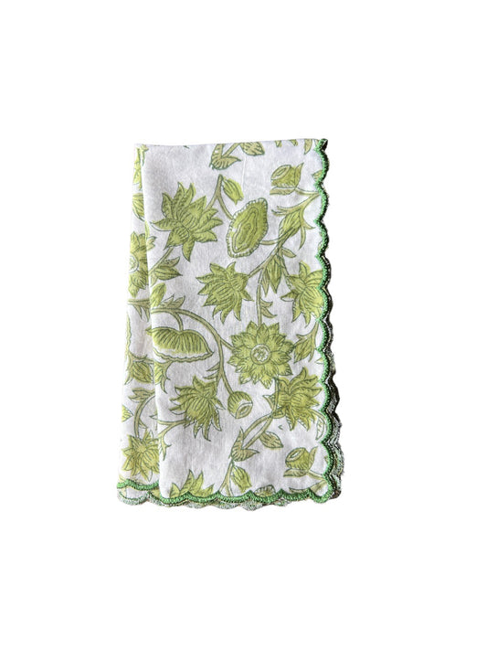 SET OF 2 BLOCK PRINT COTTON NAPKINS WITH GREEN WHITE WAVE FESTON