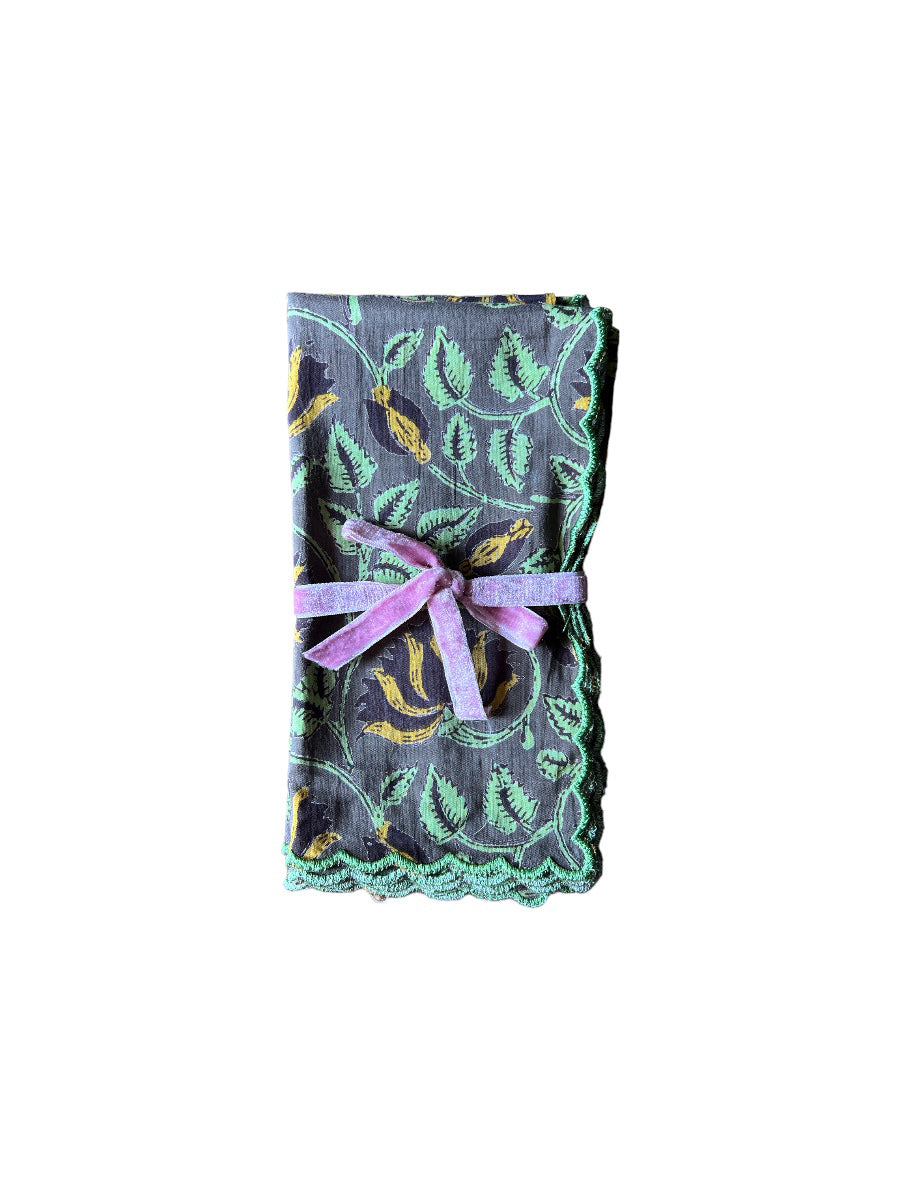 SET OF 2 BLOCK PRINT COTTON NAPKINS WITH OLIVE GREEN WAVE FESTON