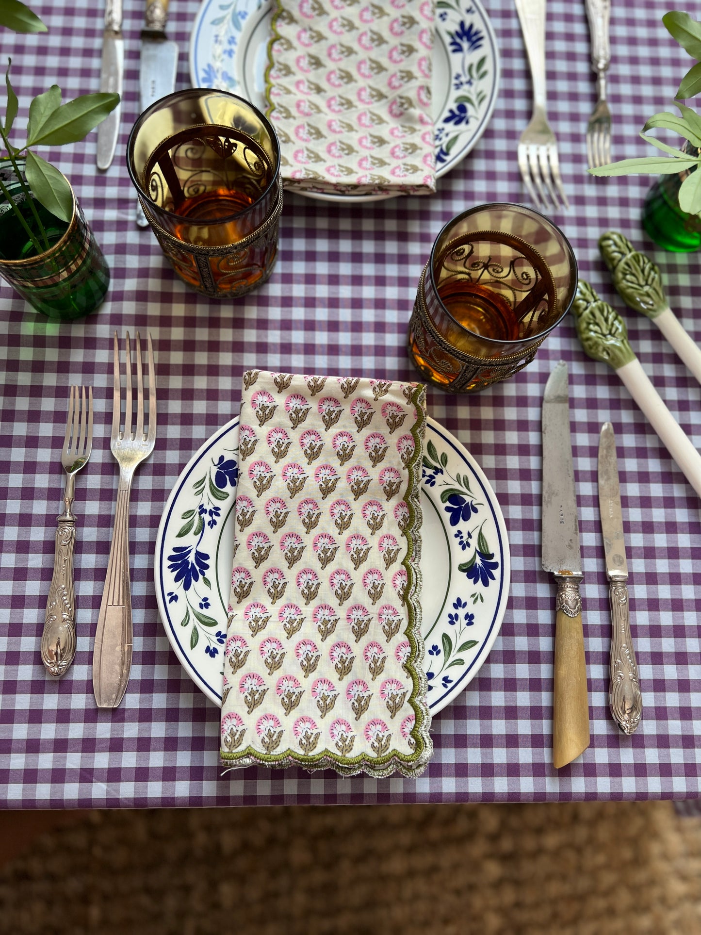 SET OF 2 BLOCK PRINT COTTON NAPKINS WITH PINK GREEN WAVE FESTON