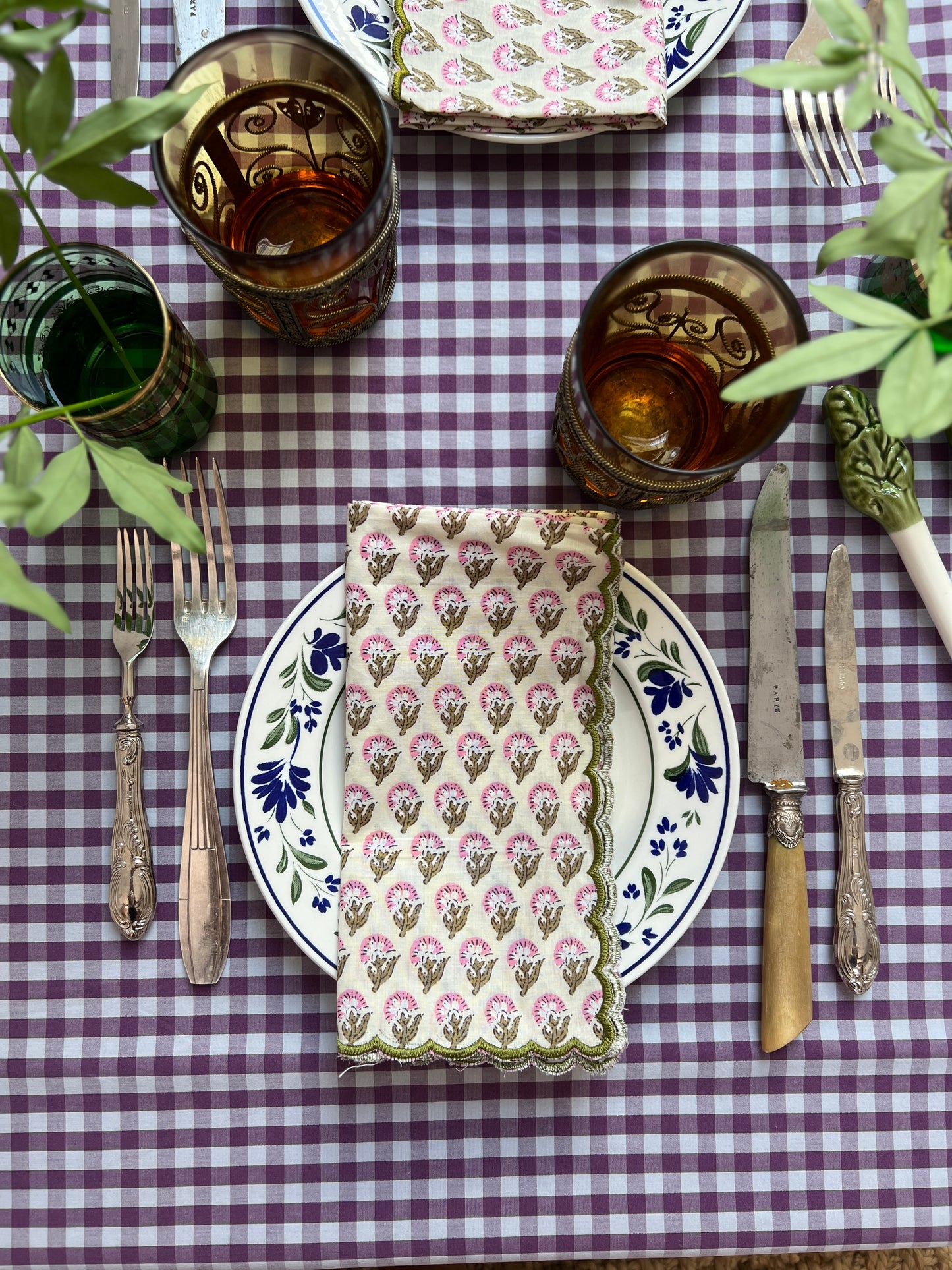 SET OF 2 BLOCK PRINT COTTON NAPKINS WITH PINK GREEN WAVE FESTON