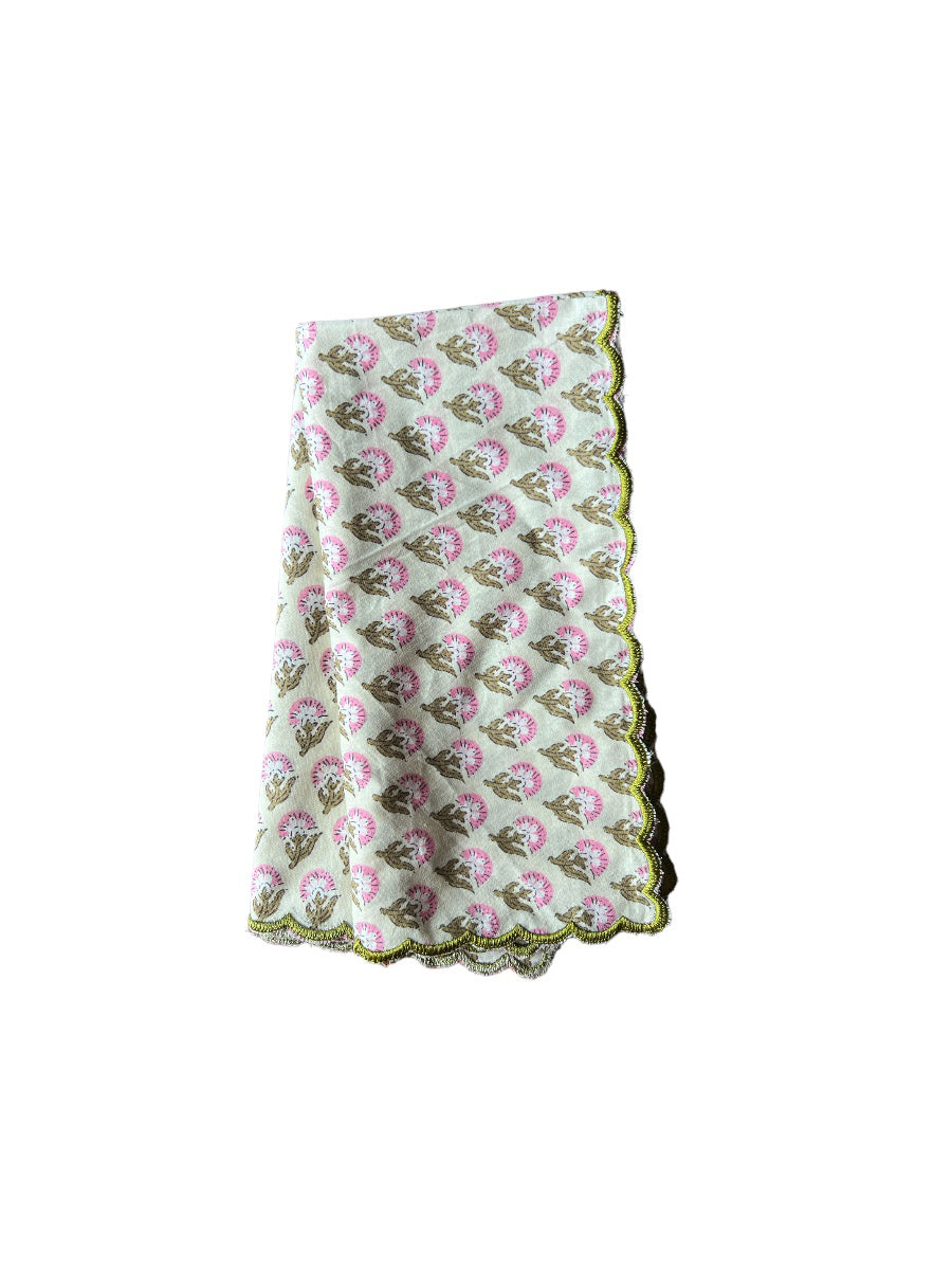 SET OF 2 BLOCK PRINT COTTON NAPKINS WITH PINK GREEN WAVE FESTON