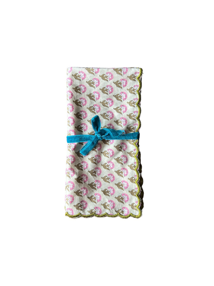 SET OF 2 BLOCK PRINT COTTON NAPKINS WITH PINK GREEN WAVE FESTON