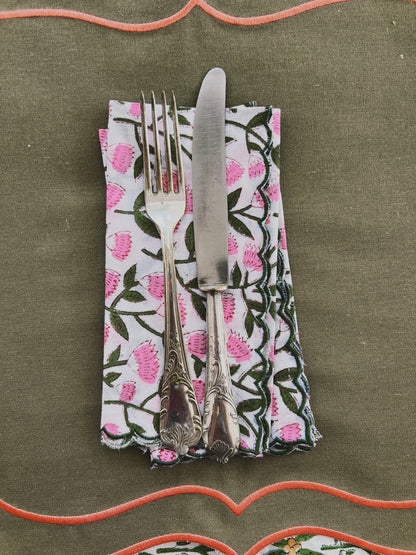 SET OF 2 COTTON BLOCK PRINT NAPKINS WITH PINK WHITE WAVE SCALLOP