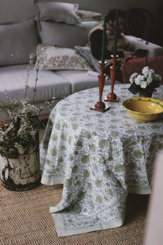 BLOCK PRINT FLORAL TABLECLOTH GREEN