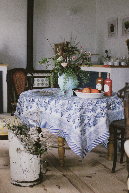 BLUE FLORAL BLOCK PRINT TABLECLOTH