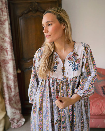 VESTIDO FLORAL BLOCK PRINT GRIS OCRE ROSA