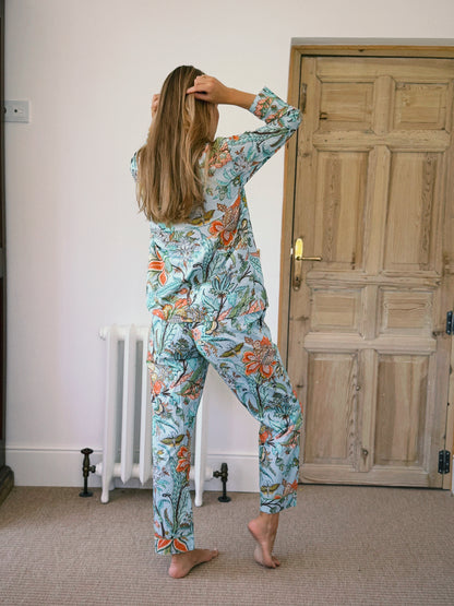 PIJAMA MANGA LARGA BLOCK PRINT FLORAL TURQUESA NARANJA