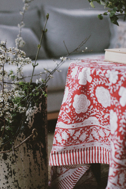 RED BLOCK PRINT FLORAL TABLECLOTH