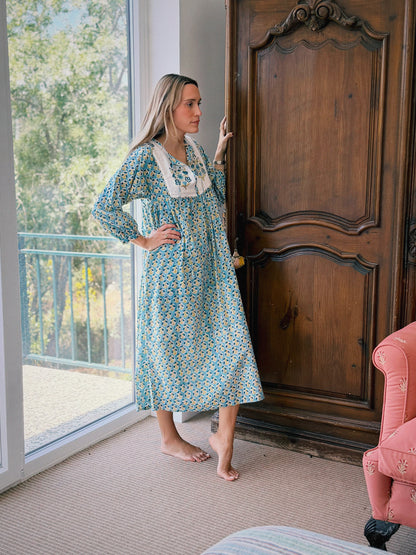 VESTIDO FLORAL BLOCK PRINT TURQUESA PISTACHO
