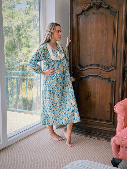 VESTIDO FLORAL BLOCK PRINT TURQUESA PISTACHO
