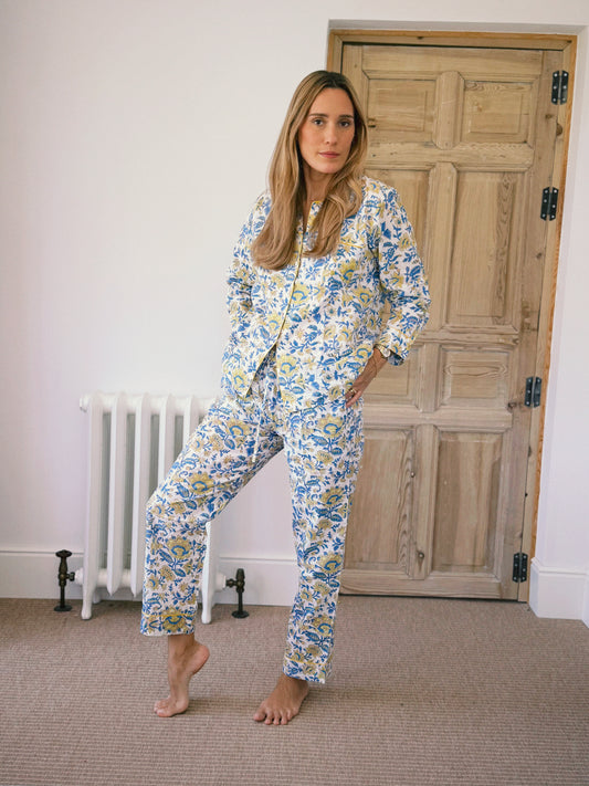 PIJAMA MANGA LARGA BLOCK PRINT FLORAL AZUL AMARILLO