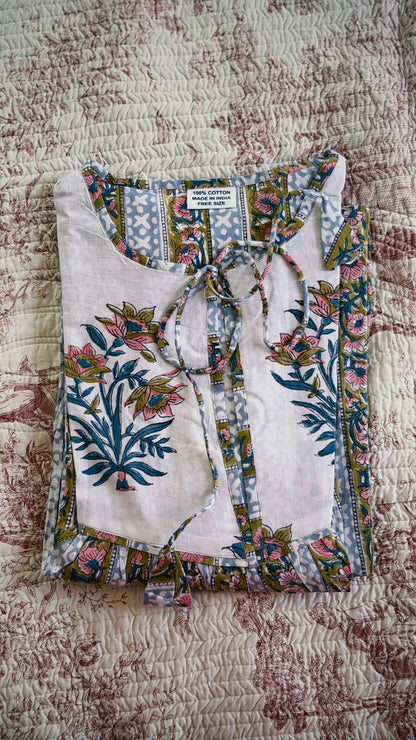 VESTIDO FLORAL BLOCK PRINT GRIS OCRE ROSA