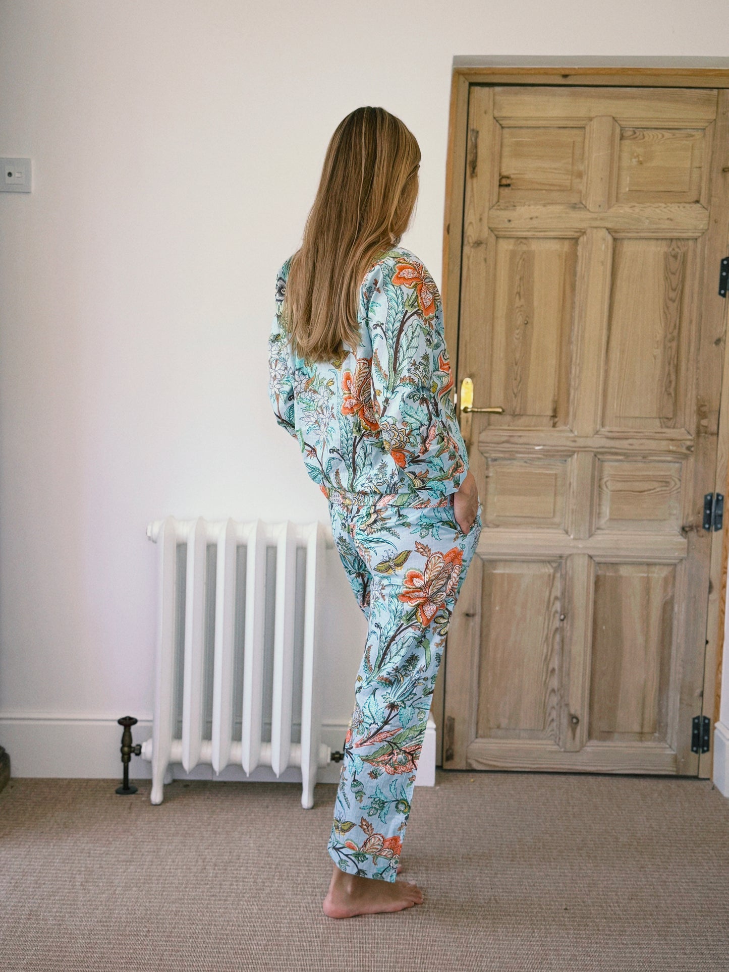 PIJAMA MANGA LARGA BLOCK PRINT FLORAL TURQUESA NARANJA