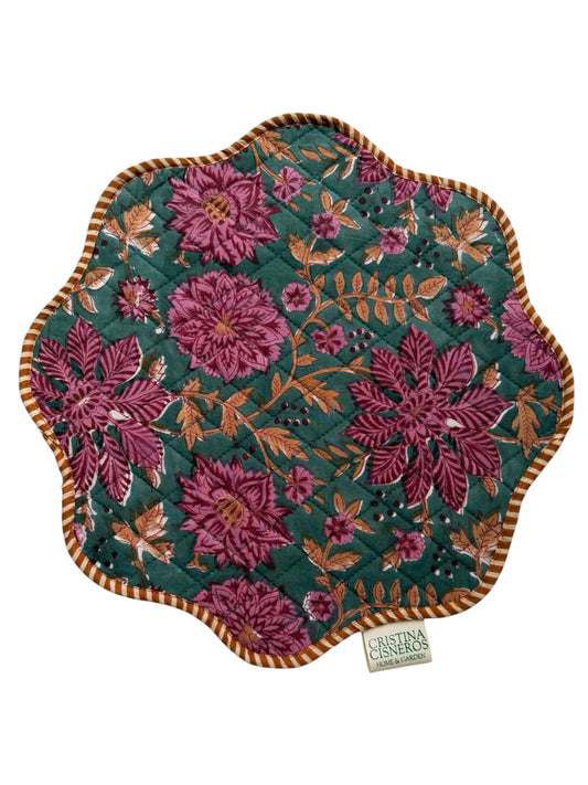 SET 2 MANTELES INDIVIDUALES ACOLCHADOS FLORAL COLOR MARRÓN TURQUESA