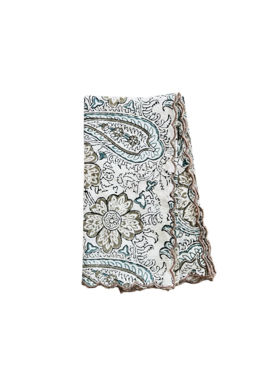 SET OF 2 COTTON BLOCK PRINT NAPKINS WITH GREY WAVE SCALLOP