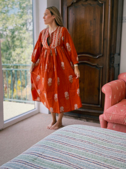 VESTIDO FLORAL BLOCK PRINT TEJA