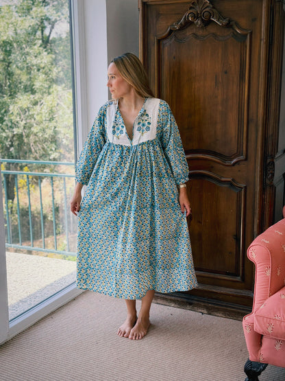 VESTIDO FLORAL BLOCK PRINT TURQUESA PISTACHO