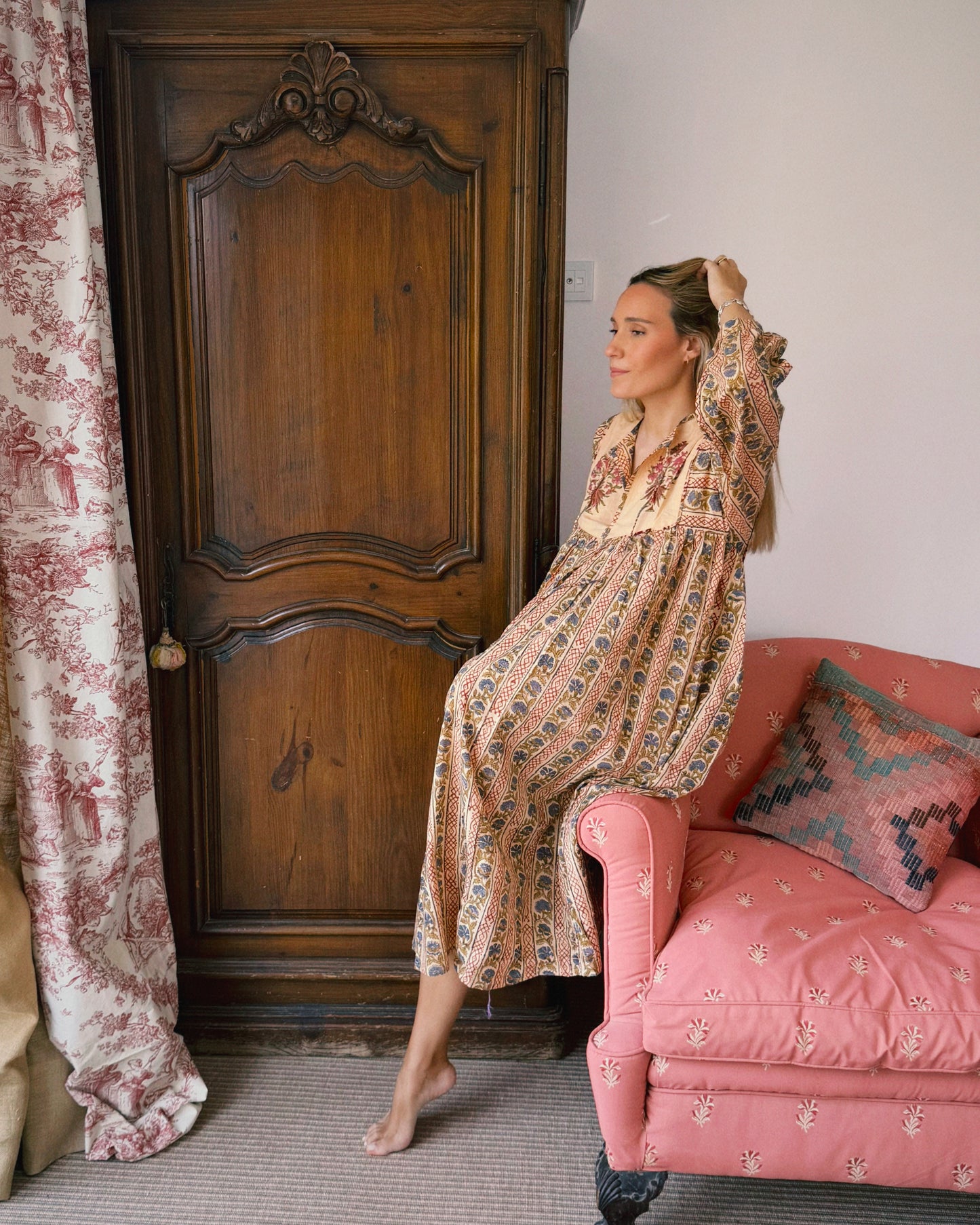 VESTIDO FLORAL BLOCK PRINT AZUL ROJO BEIGE