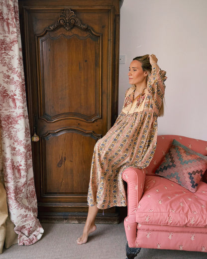 VESTIDO FLORAL BLOCK PRINT AZUL ROJO BEIGE