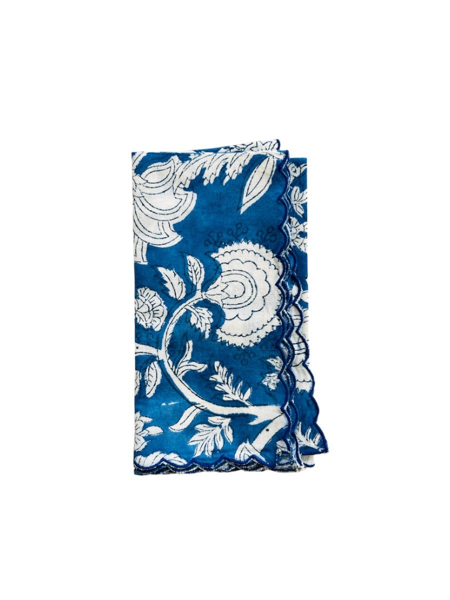 SET OF 2 BLOCK PRINT COTTON NAPKINS WITH KLEIN BLUE WAVE SCALLOP