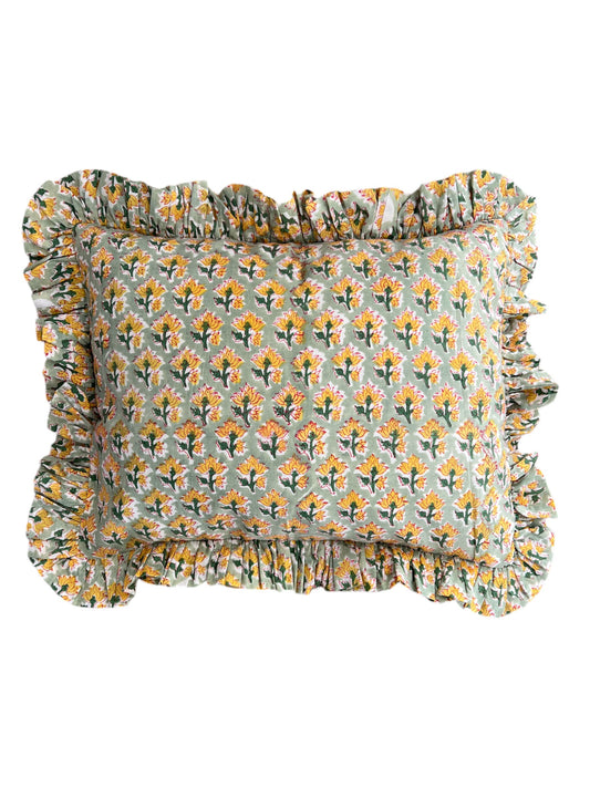 CUSHION RUFFLES BLOCK PRINT FLORAL GREEN YELLOW