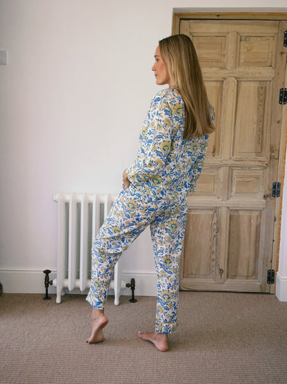PIJAMA MANGA LARGA BLOCK PRINT FLORAL AZUL AMARILLO