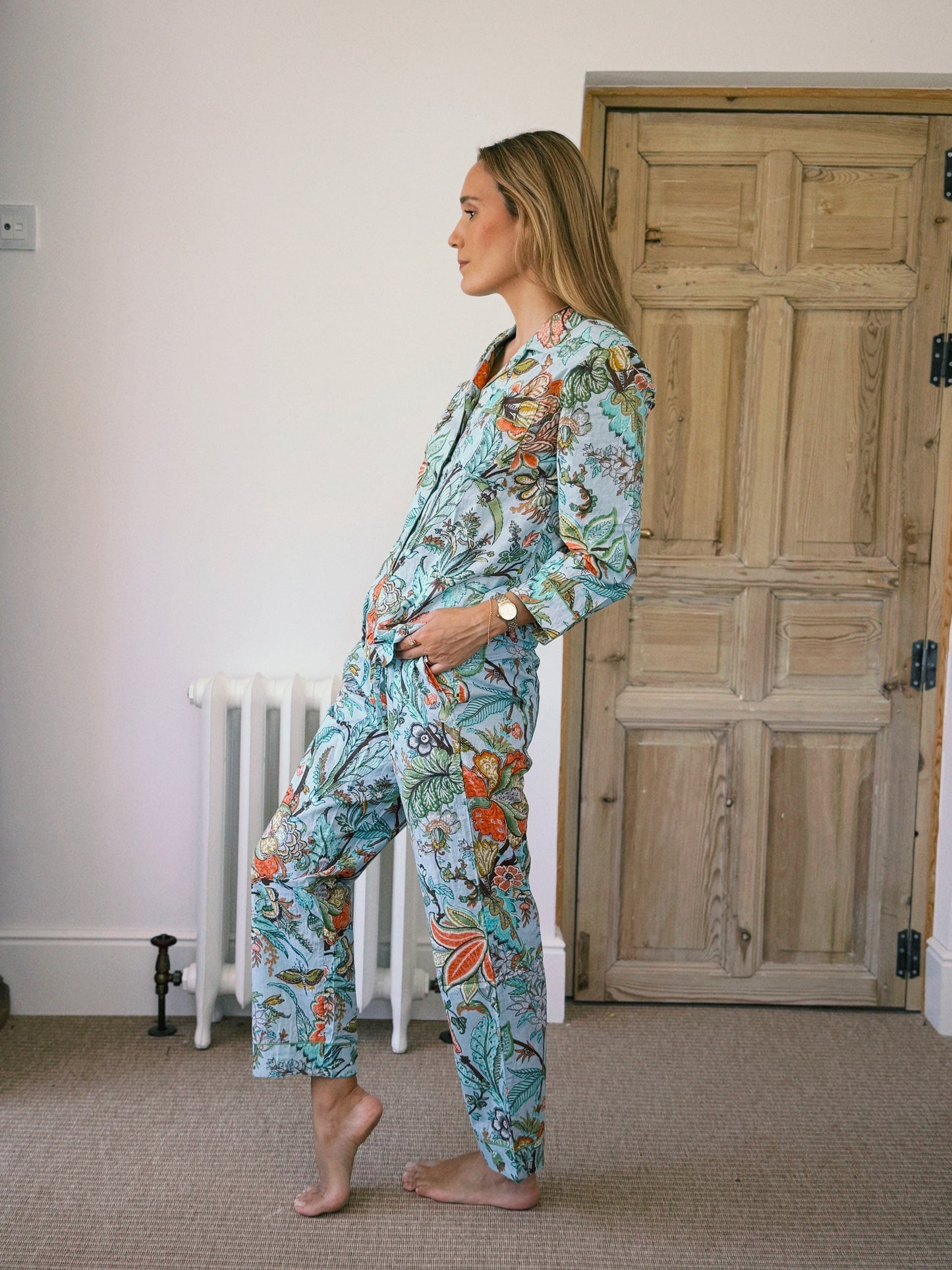 PIJAMA MANGA LARGA BLOCK PRINT FLORAL TURQUESA NARANJA