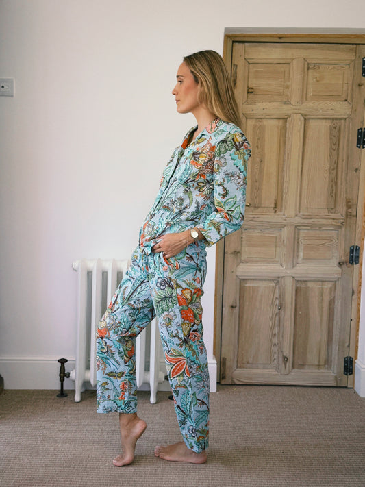 PIJAMA MANGA LARGA BLOCK PRINT FLORAL TURQUESA NARANJA