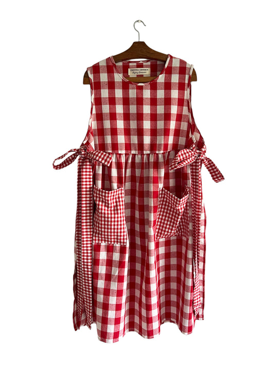 RED VICHY LINEN APRON WITH BOW