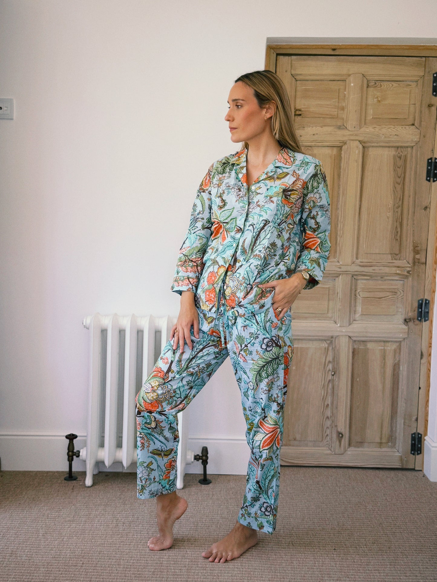 PIJAMA MANGA LARGA BLOCK PRINT FLORAL TURQUESA NARANJA