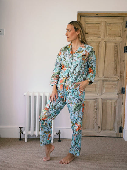 PIJAMA MANGA LARGA BLOCK PRINT FLORAL TURQUESA NARANJA