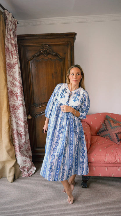 VESTIDO FLORAL BLOCK PRINT AZUL