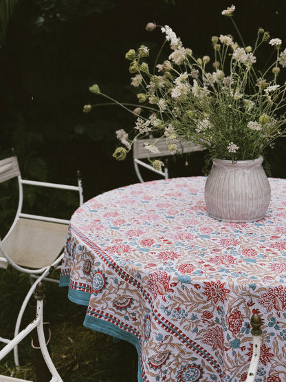 MANTEL FLORAL BLOCK PRINT AZUL ROJO