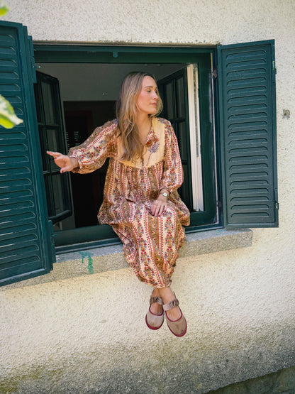 VESTIDO FLORAL BLOCK PRINT ROJO BEIGE