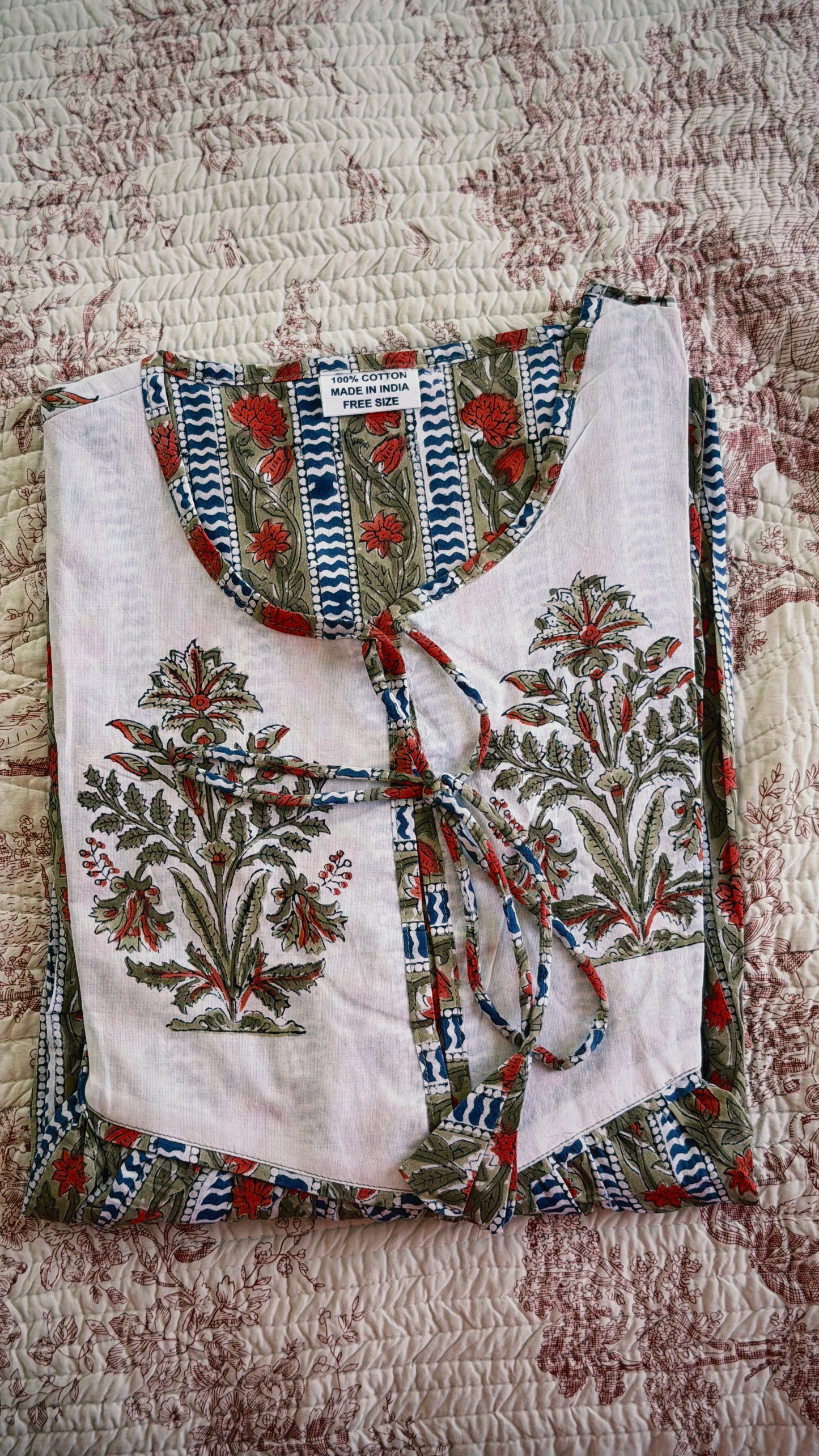 VESTIDO FLORAL BLOCK PRINT VERDE ROJO AZUL