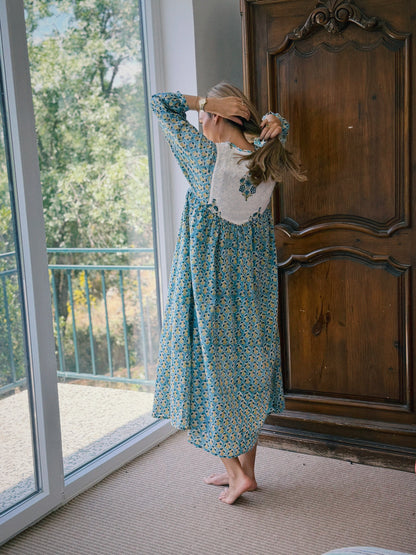 VESTIDO FLORAL BLOCK PRINT TURQUESA PISTACHO