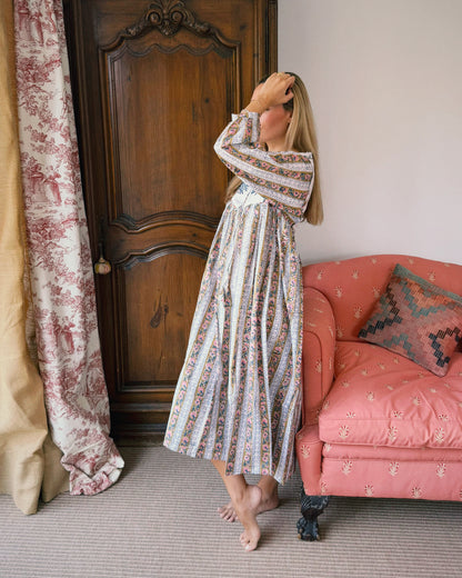 VESTIDO FLORAL BLOCK PRINT GRIS OCRE ROSA