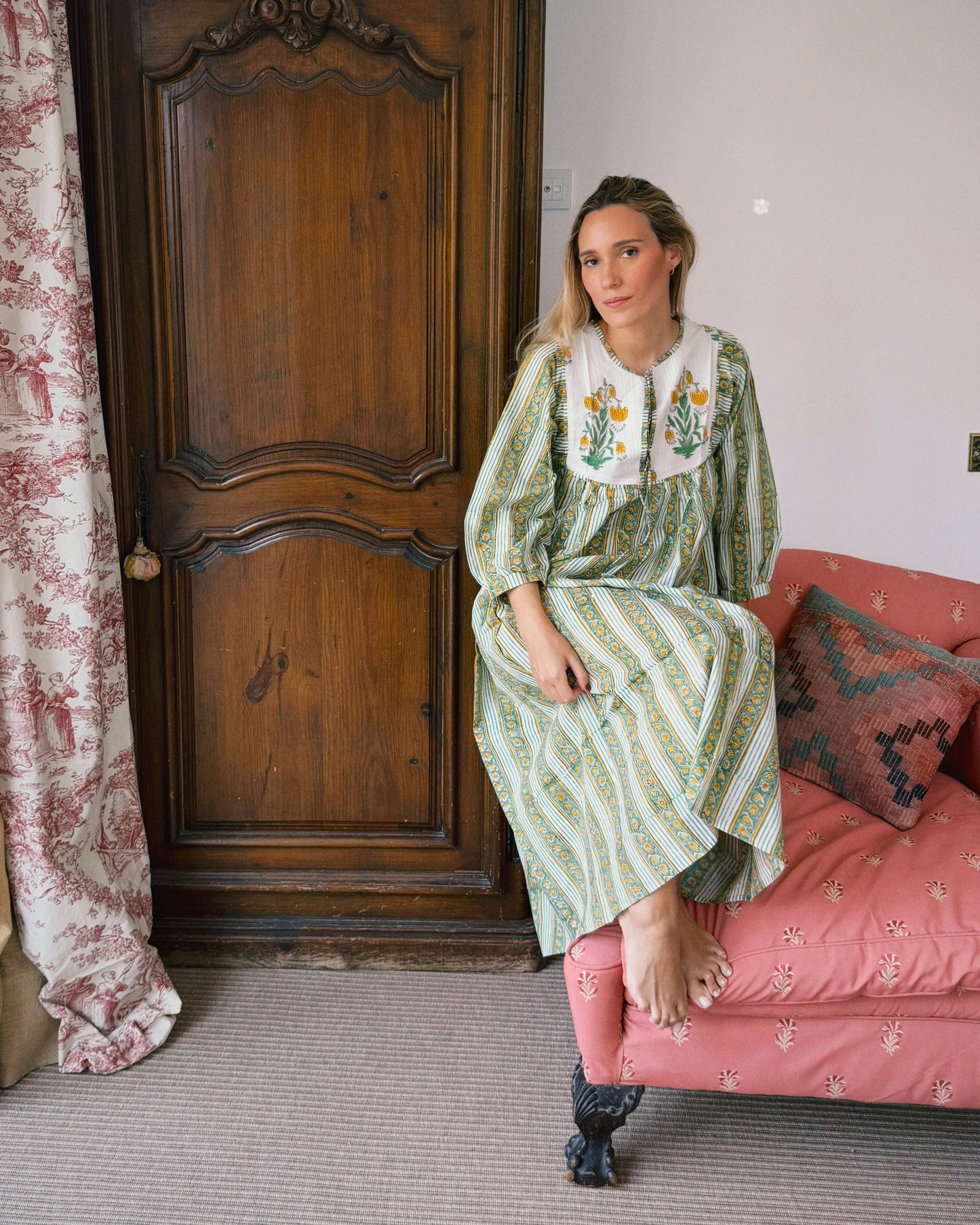 VESTIDO FLORAL BLOCK PRINT VERDE AMARILLO