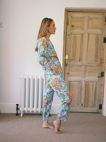 PIJAMA MANGA LARGA BLOCK PRINT FLORAL TURQUESA NARANJA