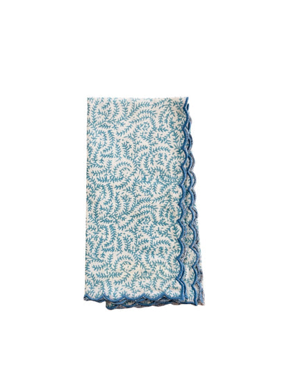 SET OF 2 COTTON BLOCK PRINT NAPKINS WITH LIGHT BLUE WHITE WAVE SCALLOP