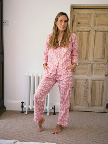 PIJAMA MANGA LARGA BLOCK PRINT ROSA BLANCO